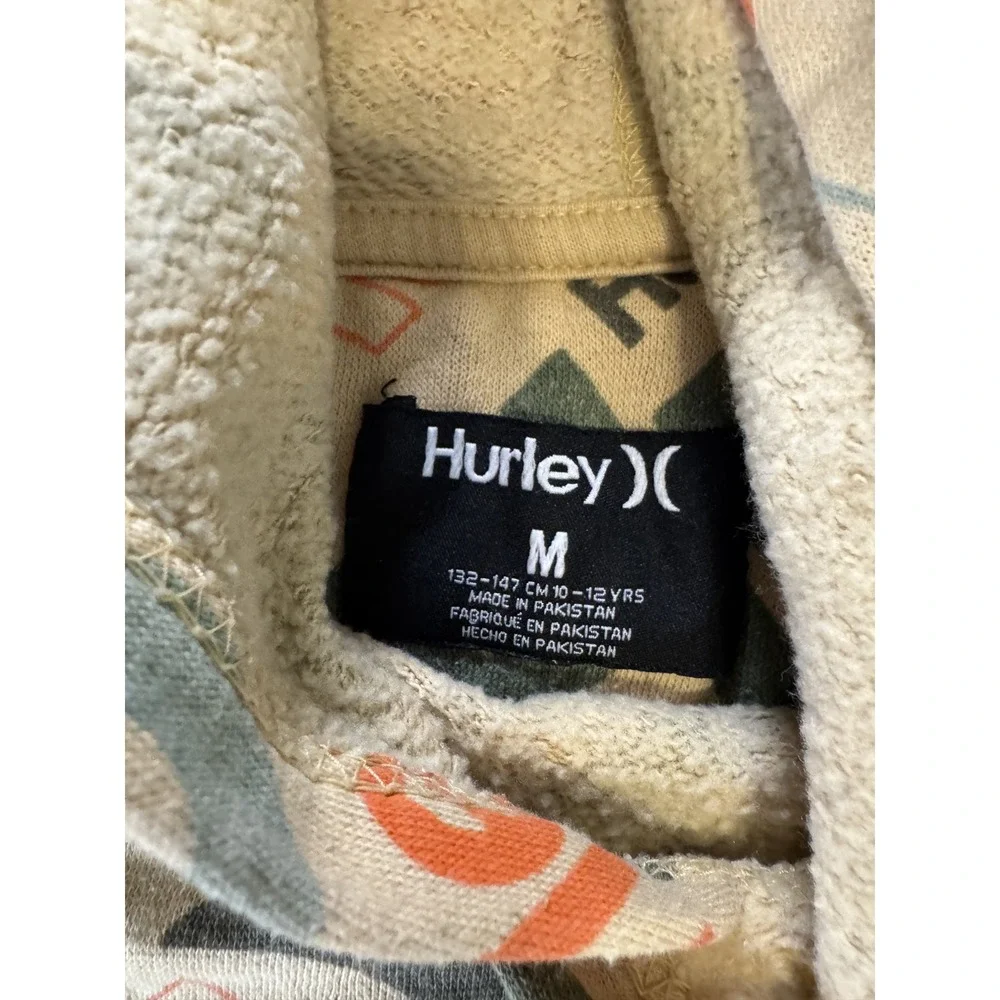 Hurley Boys All Over Logo Hoodie Medium Tan Fleece Lined Skate Surf Sweatshirt